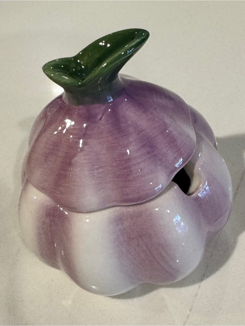 Ceramic Purple Garlic-Shaped Kitchen Storage Jar with Green Stem Lid